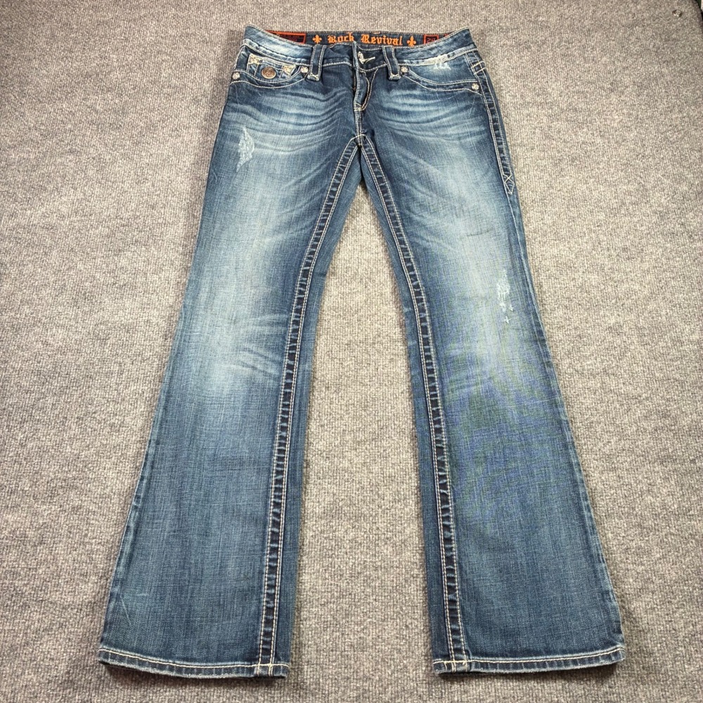 Rock Revival Bootcut Jeans Womens 29 Blue Distressed Fleur De Lis Thick Stitch